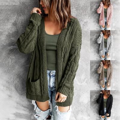 Women Mid Length Twist Knit Cardigan Solid Color With Pocket Loose Knit Jacket Autumn Winter New Tops