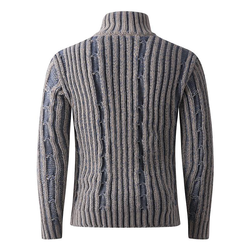 Autumn And Winter Men'S Striped Knitted Sweater American Contrasting Color Semi-Turtleneck Cardigan Sweater Jacket