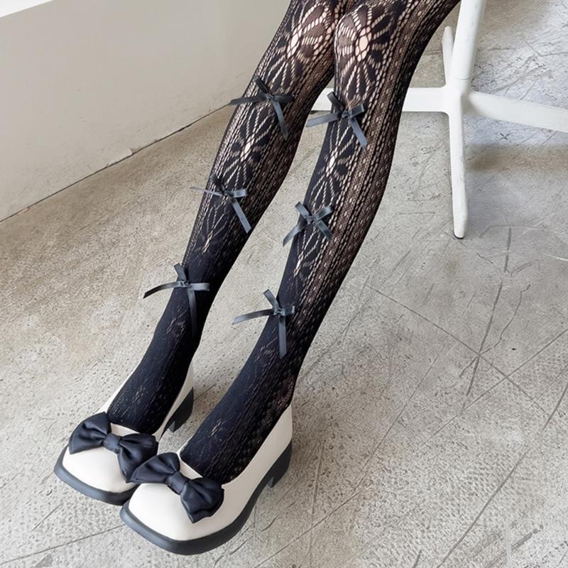 Women Hollow-Out Sheer Fishnet Pantyhose Japanese Style Sweet Bowknot JK Floral Lace Patterned Leggings Mesh Tights