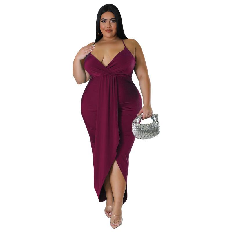 Plus Size Black Halter Deep V Neck Twist Front Ruched Split Bodycon Maxi Dress