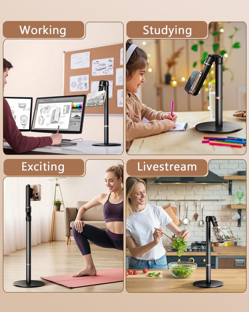 Height Adjustable Magnetic iPhone Stand for Desk & Overhead Phone Holder for Video Recording 360°Rotate for iPhone 17 16 15