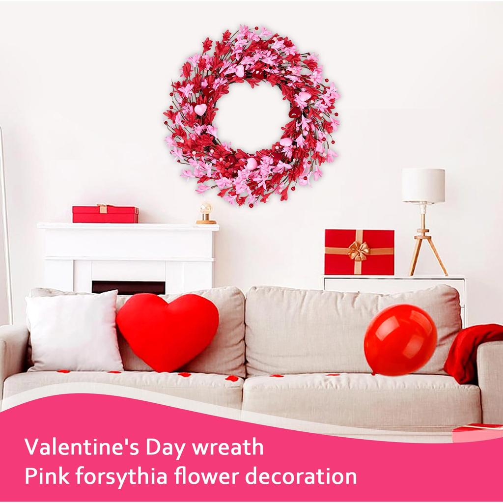 Alla hjärtans dag-krans, Prydd med forsythia, hjärtformade bär och gröna blad, En perfekt ytterdörrskrans för Alla hjärtans dag.