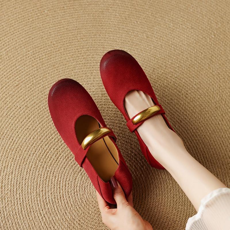 Fashion Women's new leather cow suede metal accessory belt buckle round toe low heel Mary Jane shoes fashionable casual single shoes