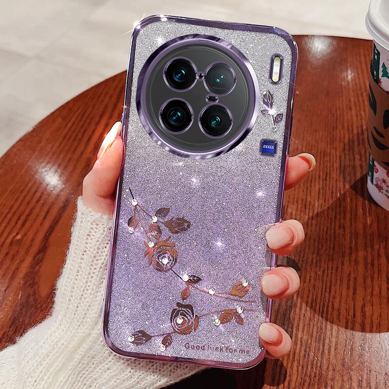 KADEM For vivo X90 Pro 5G Rhinestone Decor Flower Pattern Soft TPU Back Cover Gradient Glitter Powder Protective Case