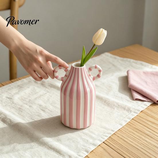 Artistic Home Atmosphere Vase Striped Ceramic Vase, Modern Glossy Hand Painted Flower with Double Fresh Cut Arrangement Ear Handles for Living