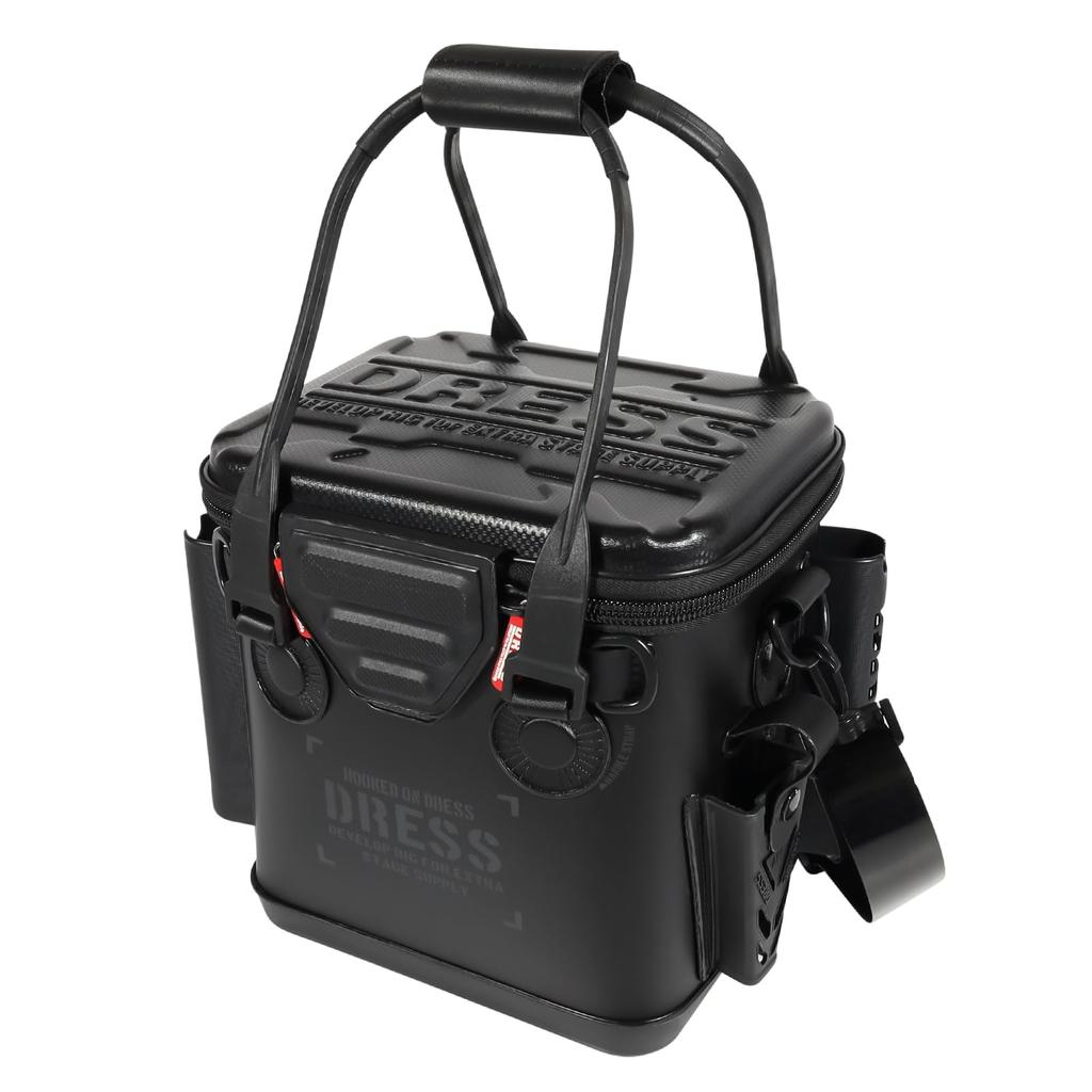 DRESS Fishing Bucket with Micro Mesh Pocket Stealth Black 12L Rod Holder EVA Multifunctional Waterproof Storage Container Tackle Bag