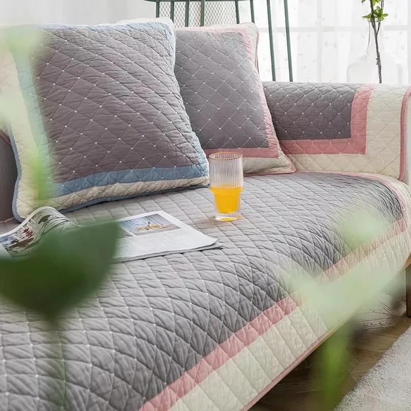 Grid Quilted Fabric Sofa Cover Slip Resistant Slipcover Printing Seat Cushion Sofa Towel Dust Cover Towel Couch For Living Room