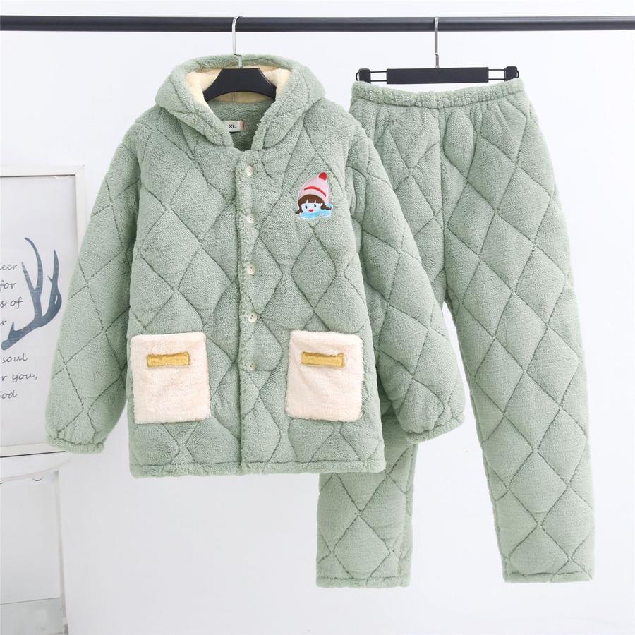 Women's Winter Three-Layer Fleece Pajamas, Coral Velvet Flannel Winter Warm Pajamas for Outdoor Wear Home Clothes