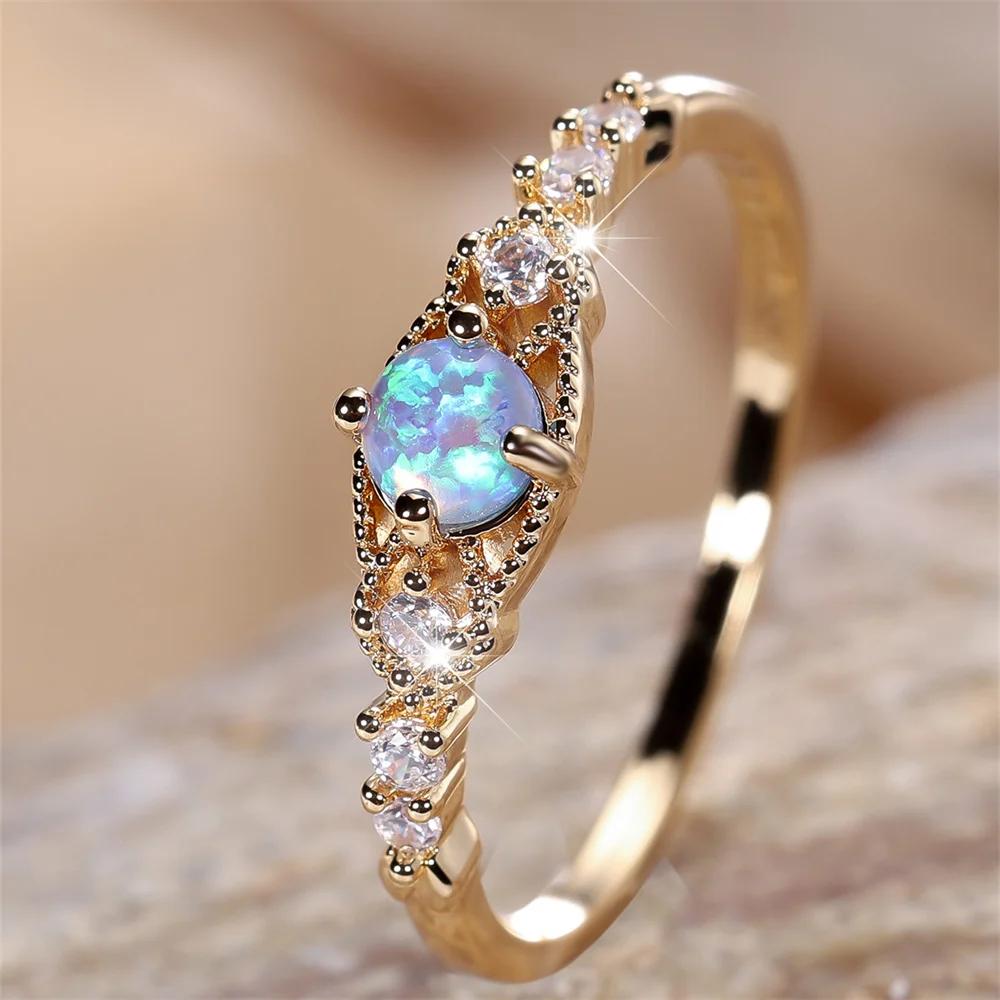 Kleine runde dünne Fingerringe aus blauem Opal für Frauen im Vintage-Stil, Farbe Gold, weißer Zirkon, Ehering, Schmuckgeschenk