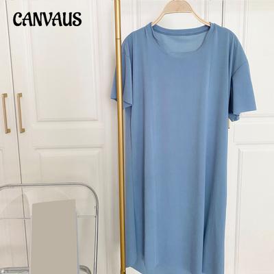 Ice Silk Dress Women's Spring and Summer Thin Round Neck Loose Comfortable Thin Solid Colour Dress Home Nightgown