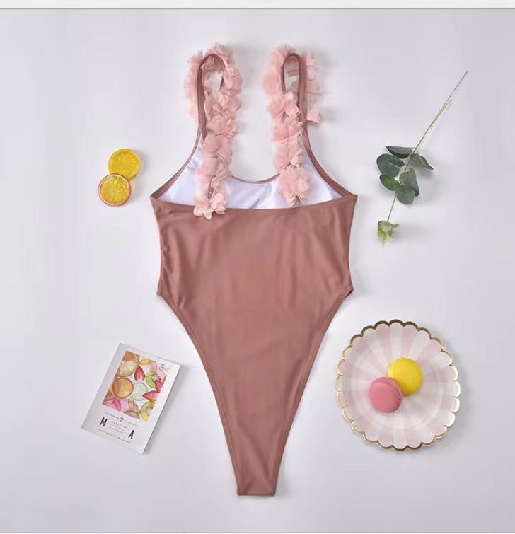 Women's European & American Solid Color One-Piece Swimsuit with Lace Shoulder Straps and Floral Backless Design