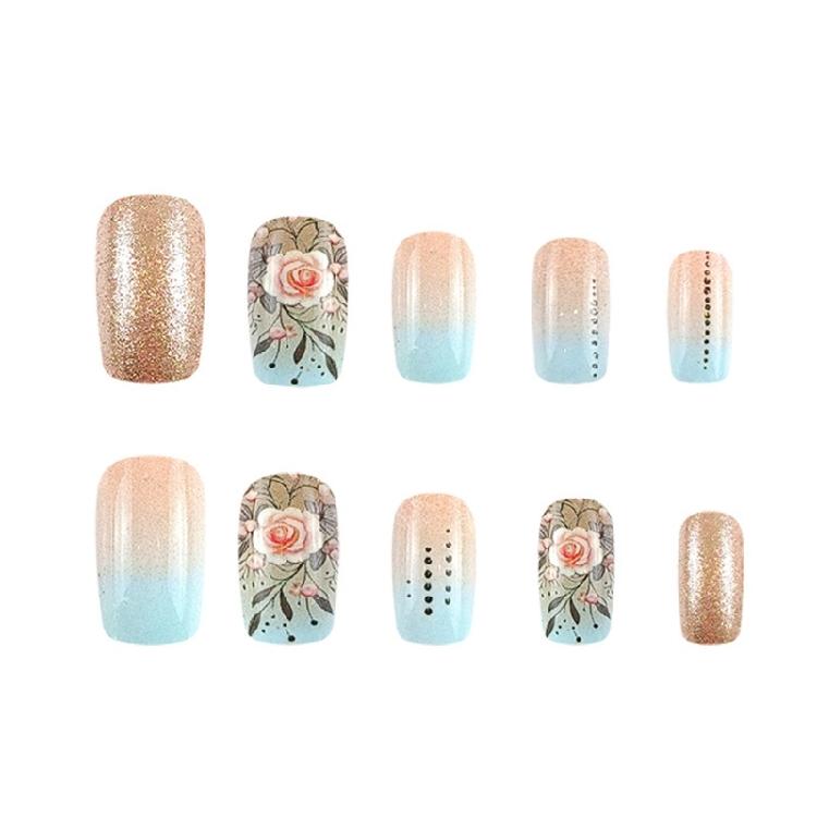 24Pcs Square Fake Nail Press On Nail Artificial Nail False Nail Glues On Nail with Flower Designs French Nail Tips