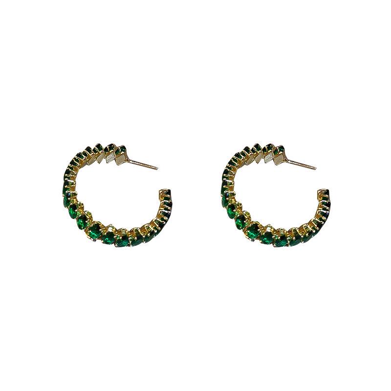 Silver Needle Green Zircon C-shaped Ear Cuff Earrings - Women's European & American Fashion, Exaggerated, Light Luxury, High-End Feel.