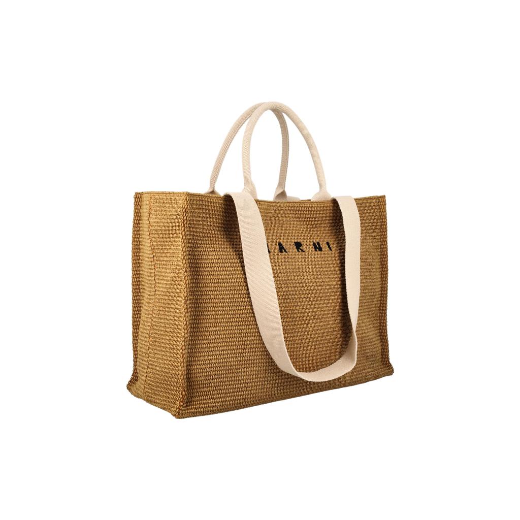Marni Logo Embroidered Woven Vacation Style Raffia Tote Bag Shopping Bag Camping Bag Large Women Tote Bag Light-Brown Brown SHMP0078U0-P3860-Z0R42