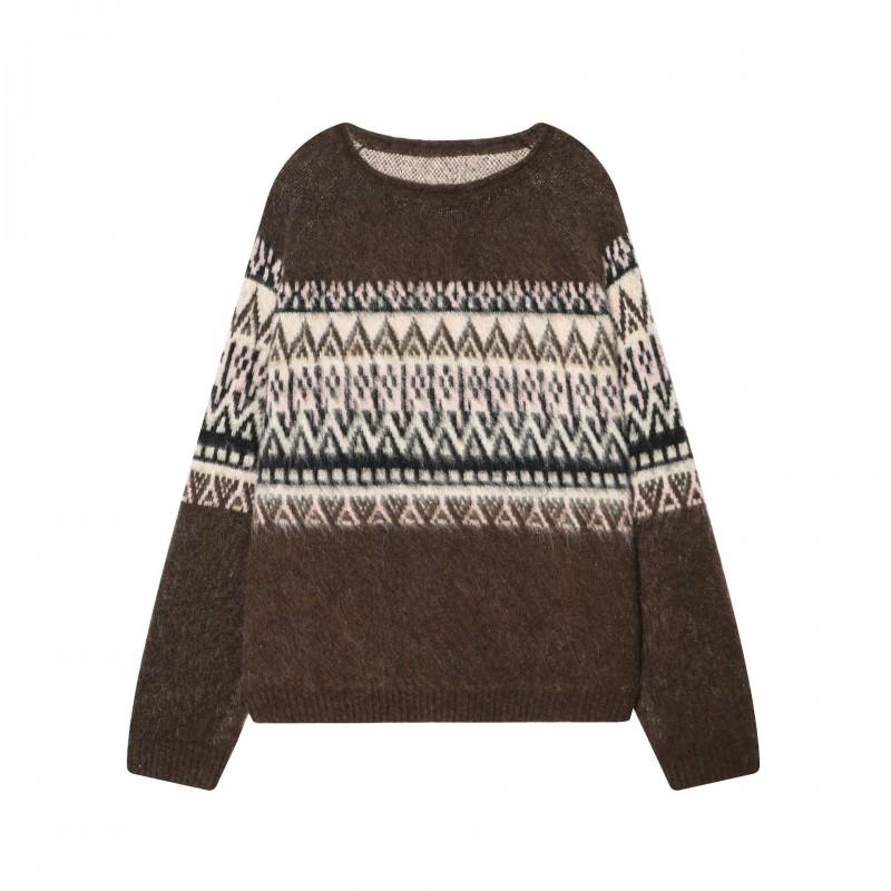 Vintage Style Casual Knit Sweater Long Sleeve Crewneck Jacquard Loose Fit Streetwear Men Women