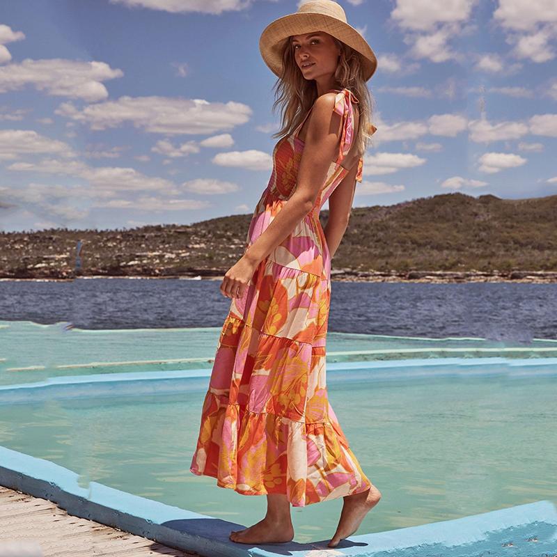 Vestido longo com estampa floral para mulheres, decote quadrado, cintura alta, sem mangas, vestido longo de verão, férias, praia, vestido respirável, fino, macio e confortável