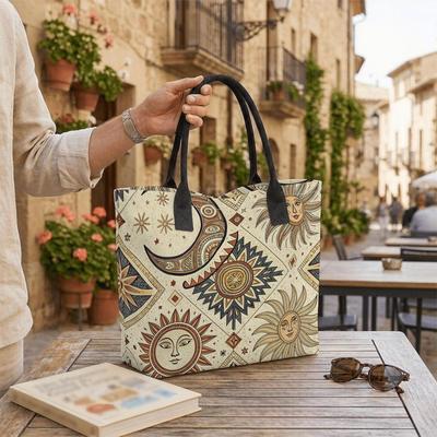  Boho Sun Moon Print Tote Bag Large Capacity Casual Shoulder Bag for Daily Use Shopping Travel
