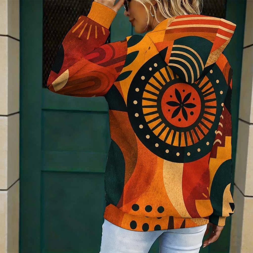 Women Plus Size Long Sleeve Drawstring Hoodie Green Yellow Orange Abstract Printed Kangaroo Pocket Pullover