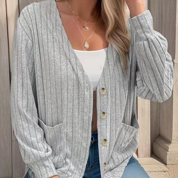 GMXIA Autumn Winter Women's Solid Color Button V-neck Loose Long-sleeved Cardigan Woman