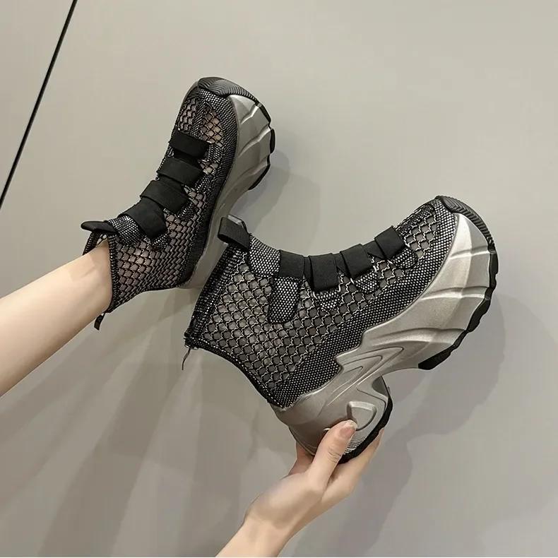 

Модные 7 см сетчатые джинсы 2024 года, синтетические дышащие ботильоны, летние ботинки с ажурной молнией, женская модная обувь, удобные сандалии 35 чёрный