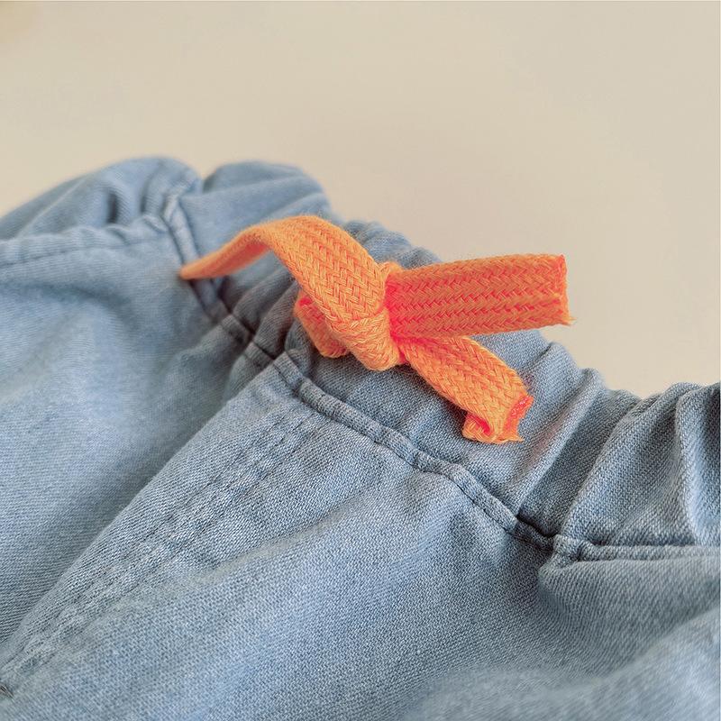 Children's Summer Short Sleeved Set with Korean Striped Printed T-shirt and Soft Denim Shorts Summer Two-piece Set