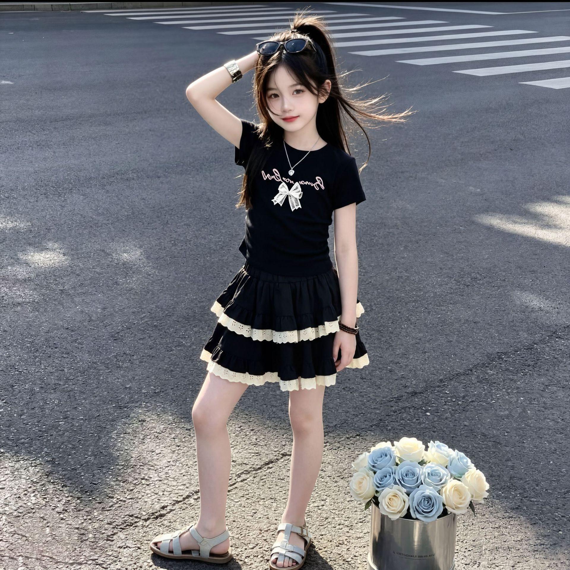 Girls Sweet Bow Short Sleeve T Shirt with Lace Tiered Dress Set 120