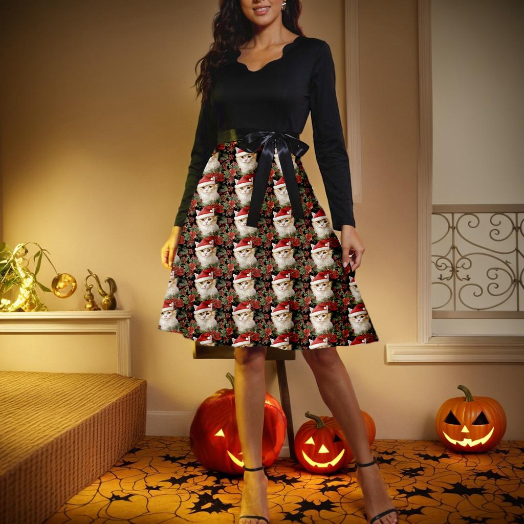 Vestido retrô feminino casual com decote em V e manga comprida, estampa retrô de Natal