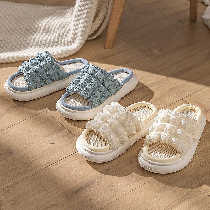 Empfohlene Puff-EVA-Leinenslipper mit dicker Sohle für Damen, Frühling und Herbst, geräuschlose Hausschuhe für drinnen, Damen