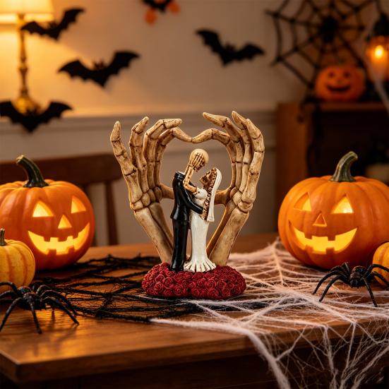 Huaqianguhh Skeleton Couple And Hand Ornament, with Rose Base, Durable Resin Gothic Skull Wedding Decor, for Halloween Decoration
