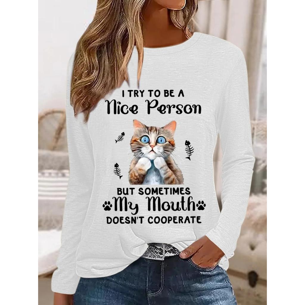 Okrągły dekolt 3D nadruk zabawny kot wzór top modny casual długi rękaw damskie koszulki