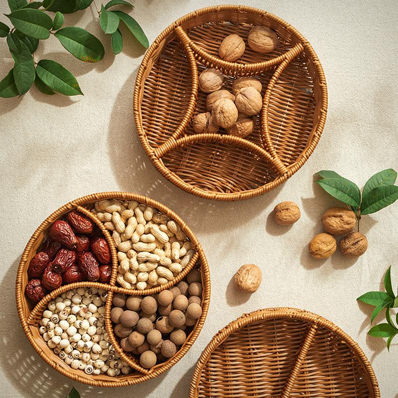 Plastic Rattan Food Fruit Tray Plate Handwoven Storage Basket Picnic Afternoon Tea Snack Plate Kitchen Compartment Tray