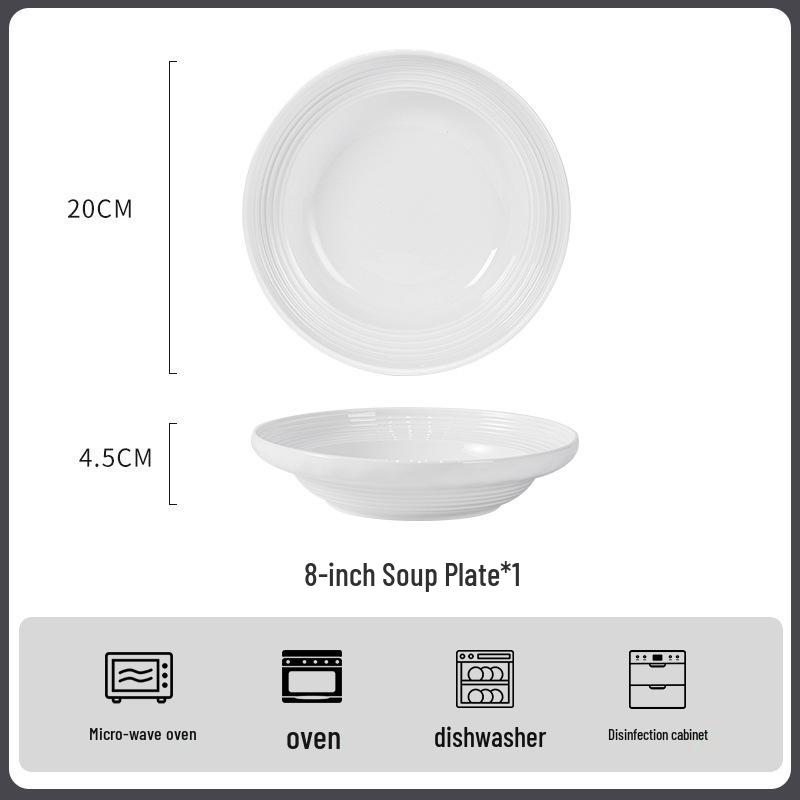 Žebrovaná bílá keramická sada nádobí pod glazurou: Zahrnuje talíře, hůlky, polévkové, nudlové a rýžové misky