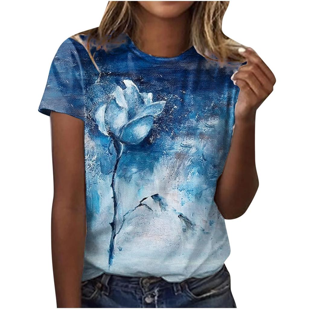 2025 New Summer Temperament Women's Sunrise Printed Women's T-shirt Round Neck Short Sleeve Street Casual Daily Basic Tops