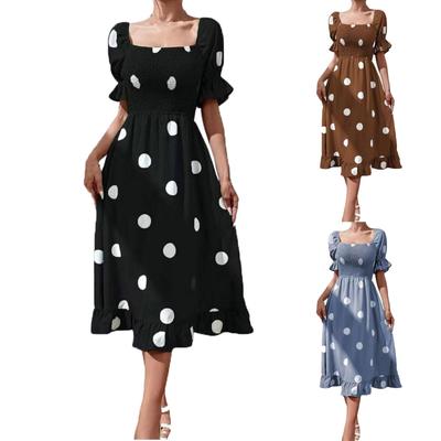 Vestido feminino grande de bolinhas slim fit com babados doces e manga curta vestido midi vestido de bolinhas