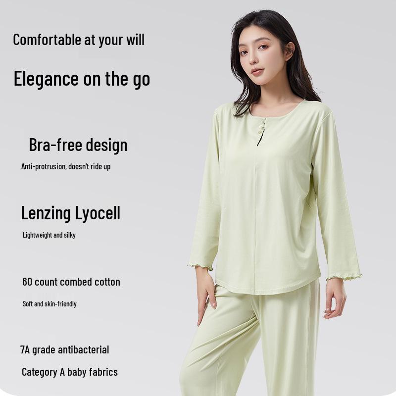 High-End Women's Summer Set: Chinese-Style Long Sleeve Top & Pants with Chest Pad, Lyocell Cotton Pajamas