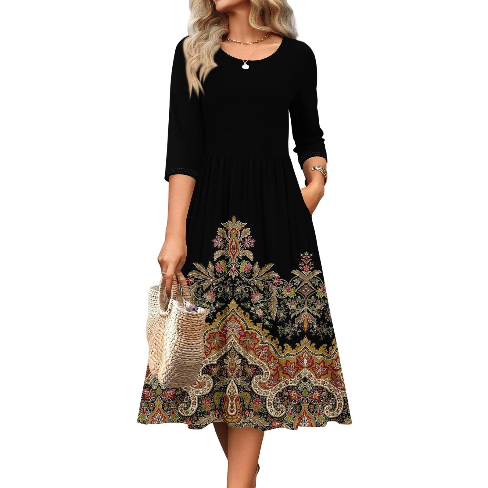 

Женское платье с рукавом 3/4, повседневное, свободное, А-силуэта, миди, футболка, с карманами, с круглым вырезом, для отпуска, в стиле бохо, пляжный сарафан L