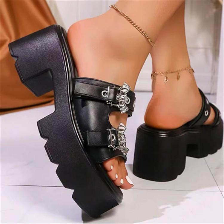 Fashion Metal Decoration Sandals Women Designer Summer Slippers Buckle Vampire Cosplay Platform Black Gothic Women Shoes Slippers