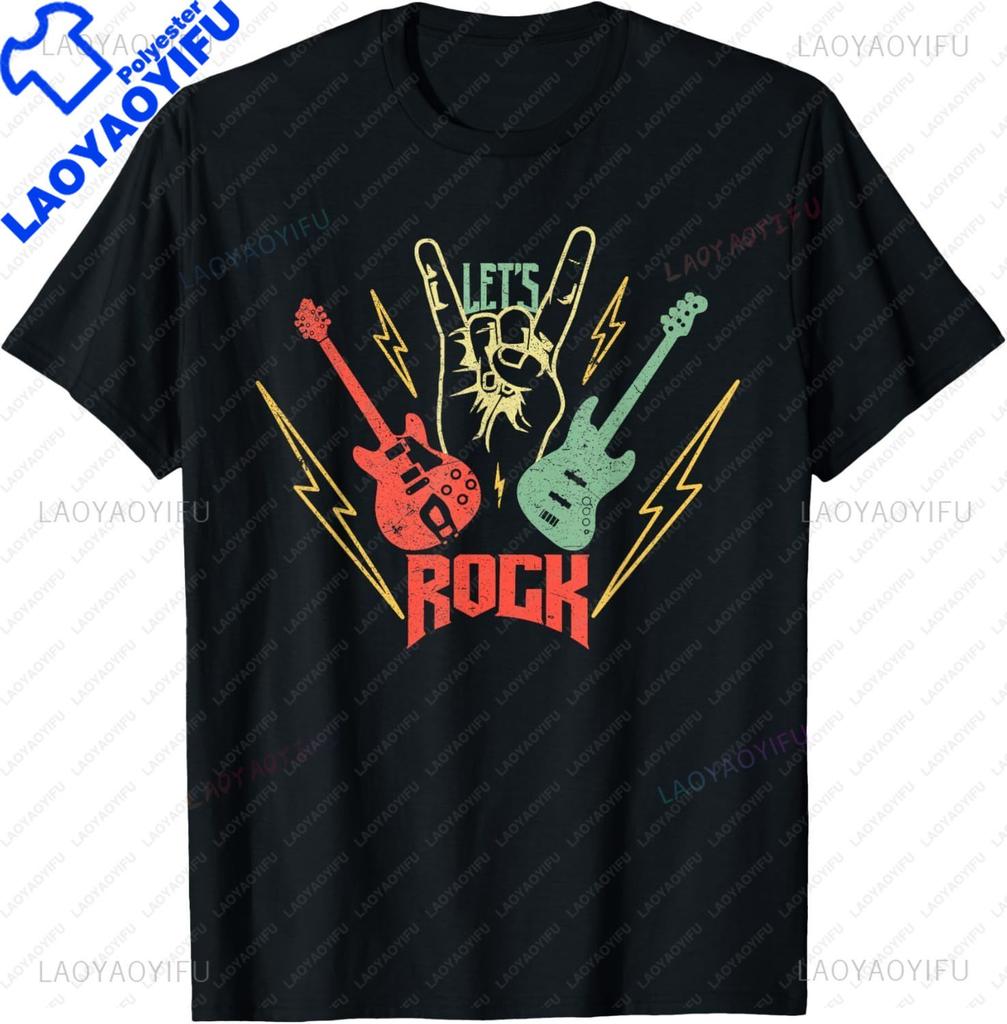 Lets Rock Electric Guitar Music Lover Band Guitarist Retro TShirt Unisex Summer Soft Tops Print Original Design Gifts Tshirts