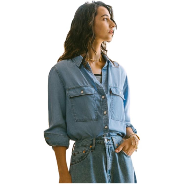 Levis SS24 Summer Collection Denim Solid Color Loose Long Sleeve Shirt Women shirts Dark-Blue 001BO-0000