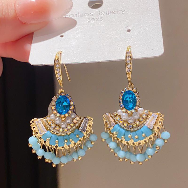 Retro Silver Needle Zircon Glass Water Drop Earrings Court Temperament Stud Earrings Personality Trend Versatile Earrings Women