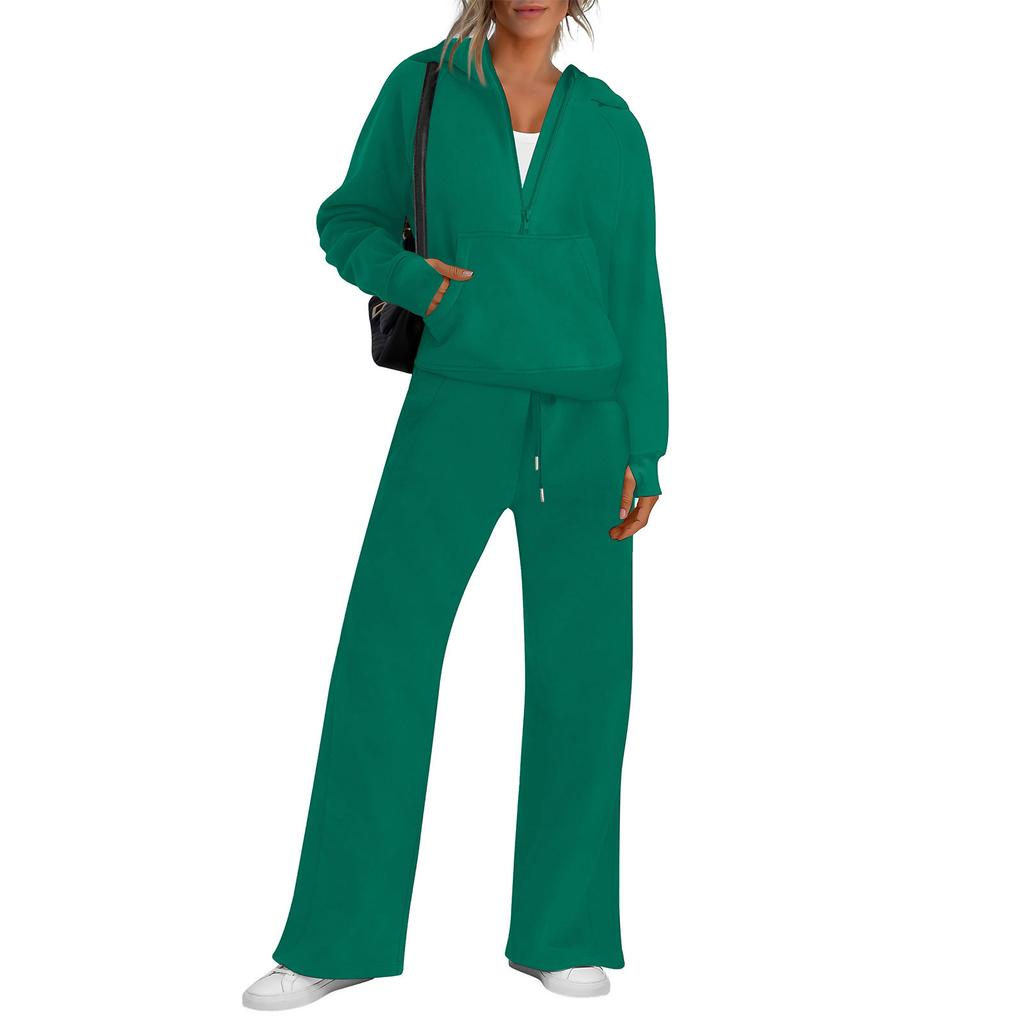 Women's Fashion Solid Color Long Sleeve Hooded Sweatshirt Top And Pants Casual Leisure Two Piece Set