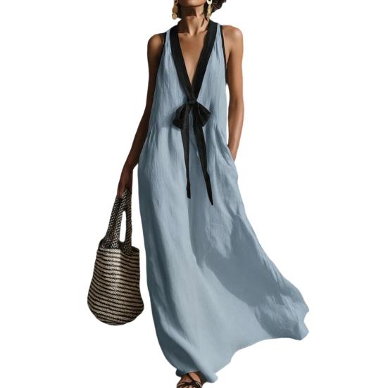

Women Color Block Deep V Neck Maxi Dress Sleeveless Flowy Loose Long Tank Dress Summer Beach Vacation Sundress with Pockets L світло-синій колір