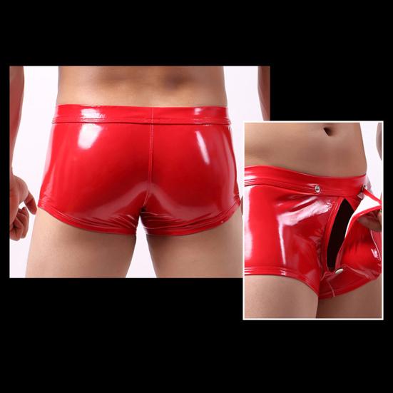 Men Sexy Boxers Smooth Faux Leather Button Closure U Convex Low Waist Elastic Soft Breathable Party Nightclub Underpants Male Underwear