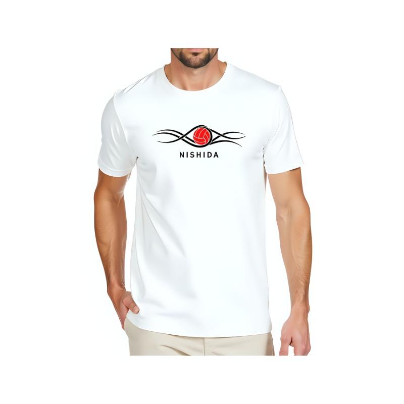 Schwarzes Yuji Nishida Volleyball-T-Shirt | Rundhalsausschnitt, Normale Passform, Kurzarm, Geometrisches Muster, Digitaler Thermotransfer, Lässiger Stil