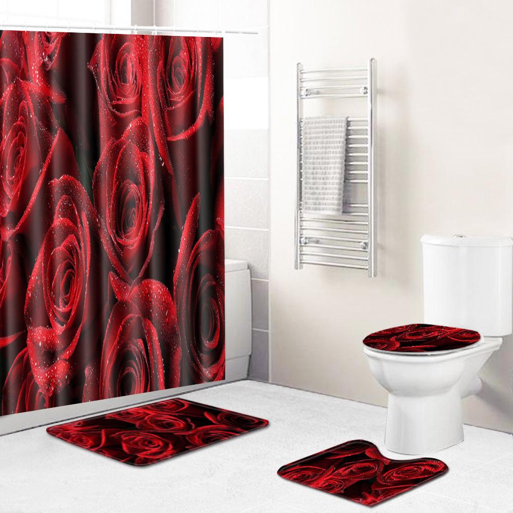 Creative Shower Curtain Floor Mat Combination Four-Piece Set Bathroom Toilet Carpet Shower Room Mat Foot Mat