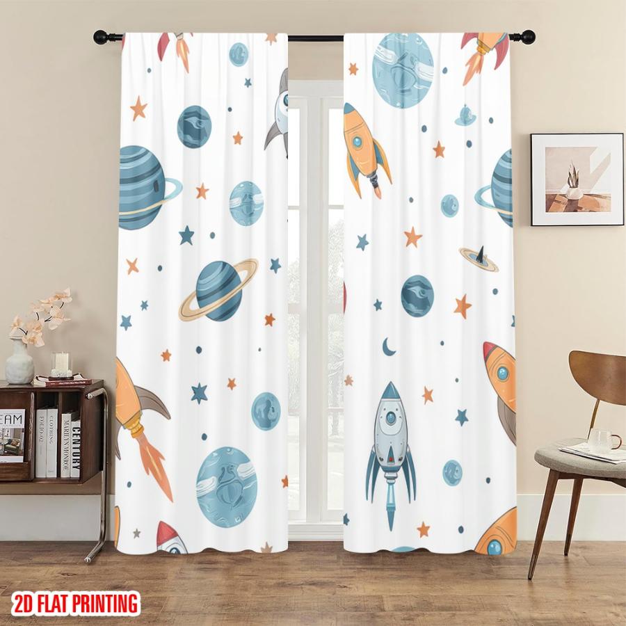 2PCS Digital Printed Curtains, Rocket Astronaut Space Sci-Fi Futuristic, Modern Home Decor Style for Living Room Bedroom Decor