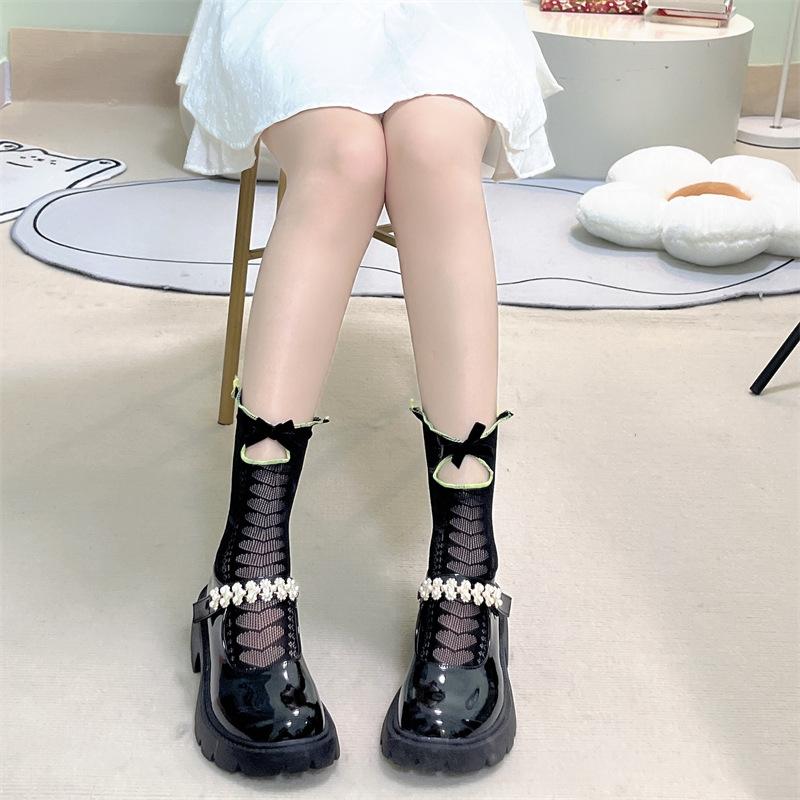 Women Spring and Summer Thin Retro Cheongsam Buckle Love Ear Lace Hollow Breathable In The Tube Pile Socks