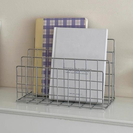 Magazine Holder Book Stand with 3 Vertical Compartments Hollow Design Rustproof Storage Rack Office Desk Organizer