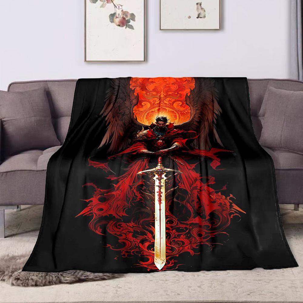 1PC Angel in red with sword flames printed blanket all seasons multi-purpose blanket suitable for sofa, camping, travel, car 75X95CM