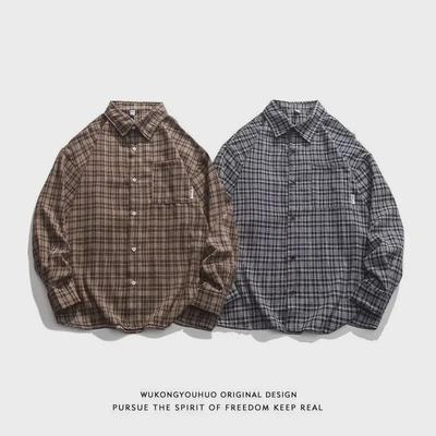 Men's Casual Loose-Fit Plaid Shirt - Japanese Retro, Coffee Color, Long-Sleeved for Spring/Autumn